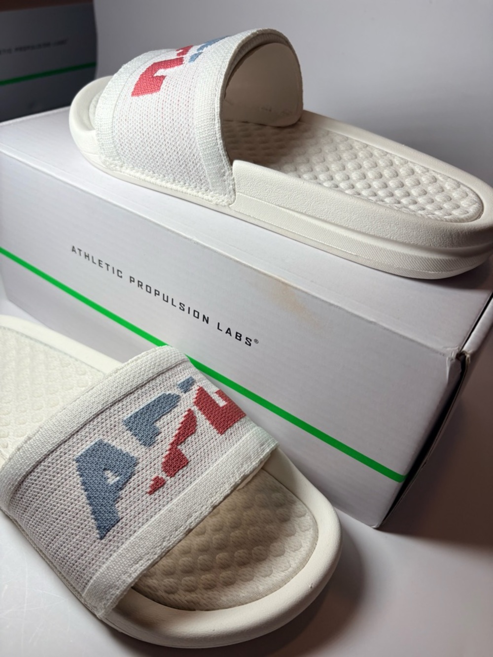APL White Slide Sandals with Red and Blue Logo women's size 5 - Picture 2 of 5